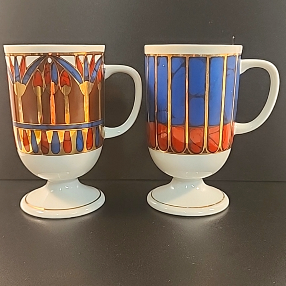 Vintage Holt Howard Art Deco Mugs x 2 Pedestal Gold Trim Cup